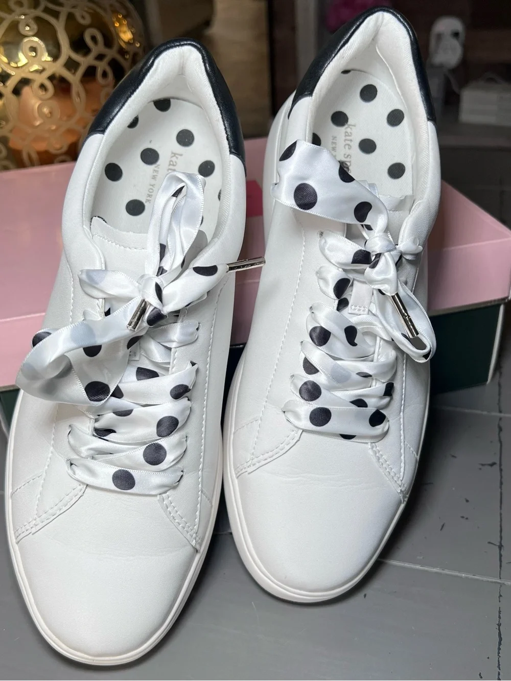 Kate Spade White Leather Sneakers with Black Heel Tab Size 10